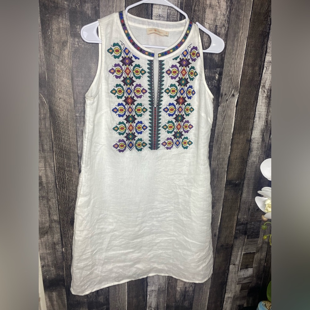 TORY BURCH Embroidered sleeveless linen dress Sz S - Picture 2 of 10